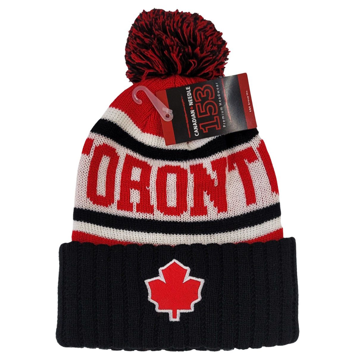 TORONTO Pom Knit Toque - Black with Red Jacquard Toronto, Red Leaf Felt Patch on Cuff, KW1902BKRD