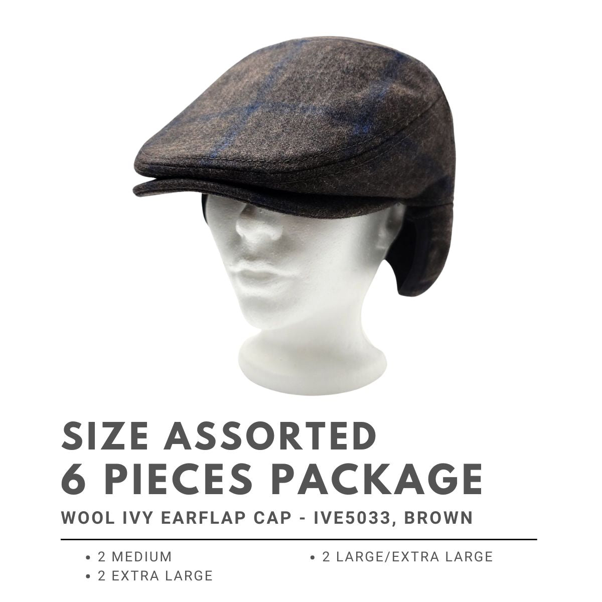 Wool Ivy Earflap Cap - IVE5033, 100% Wool, Plaid Pattern, 3 Sizes
