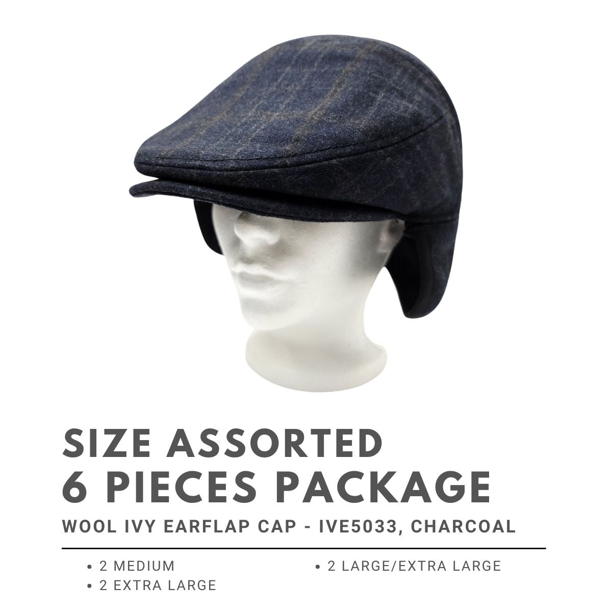 Wool Ivy Earflap Cap - IVE5033, 100% Wool, Plaid Pattern, 3 Sizes