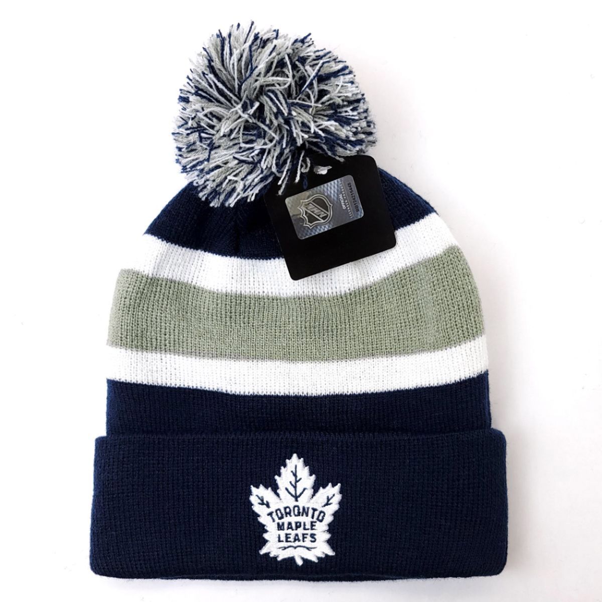 Toronto Maple Leafs Pom Knit Toque - BA, Breakawy, Navy with Black & Grey Stripes