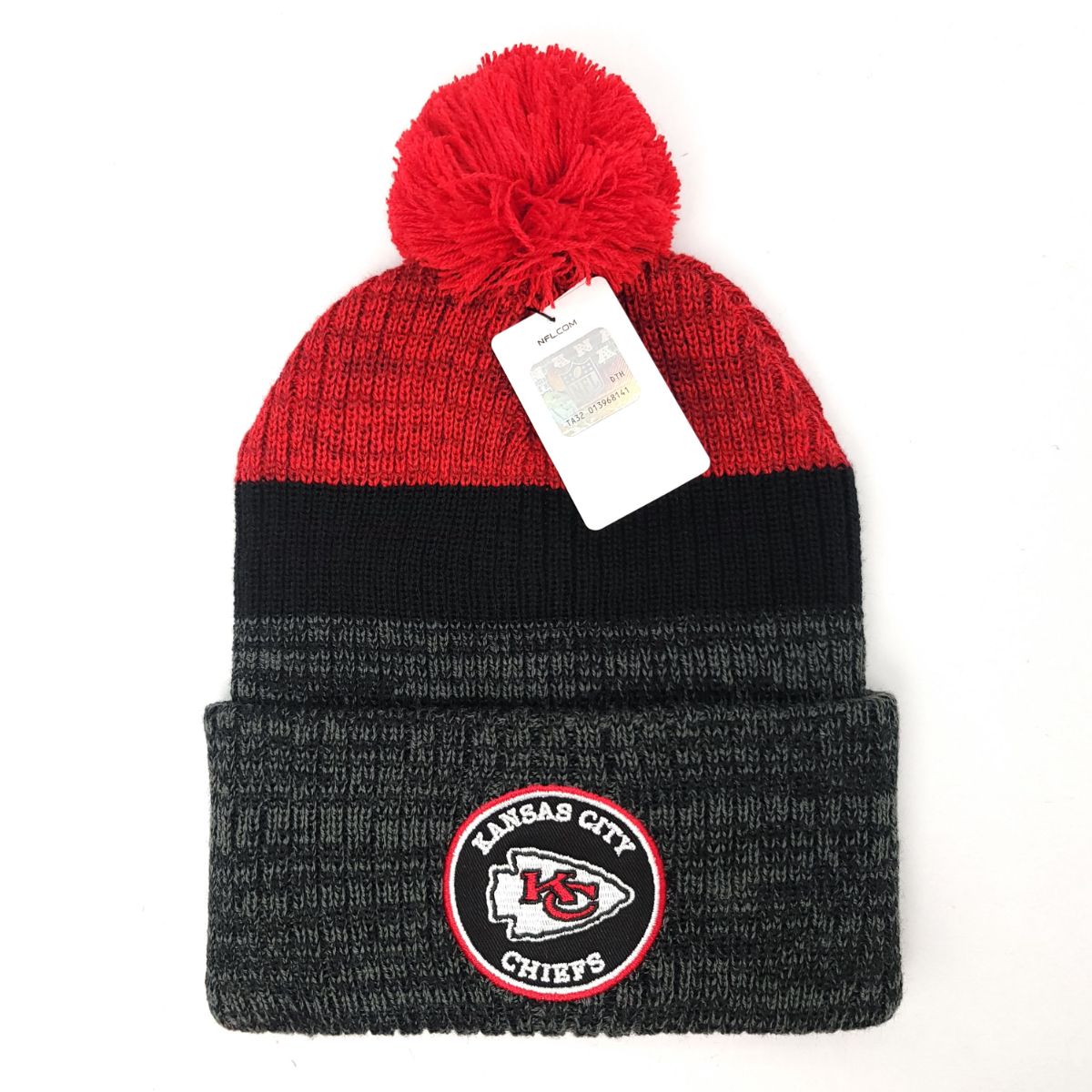 Kansas City Chiefs Pom Knit Toque - NFTKCFZOS, Charcoal & Black Stripe with Alt. Logo