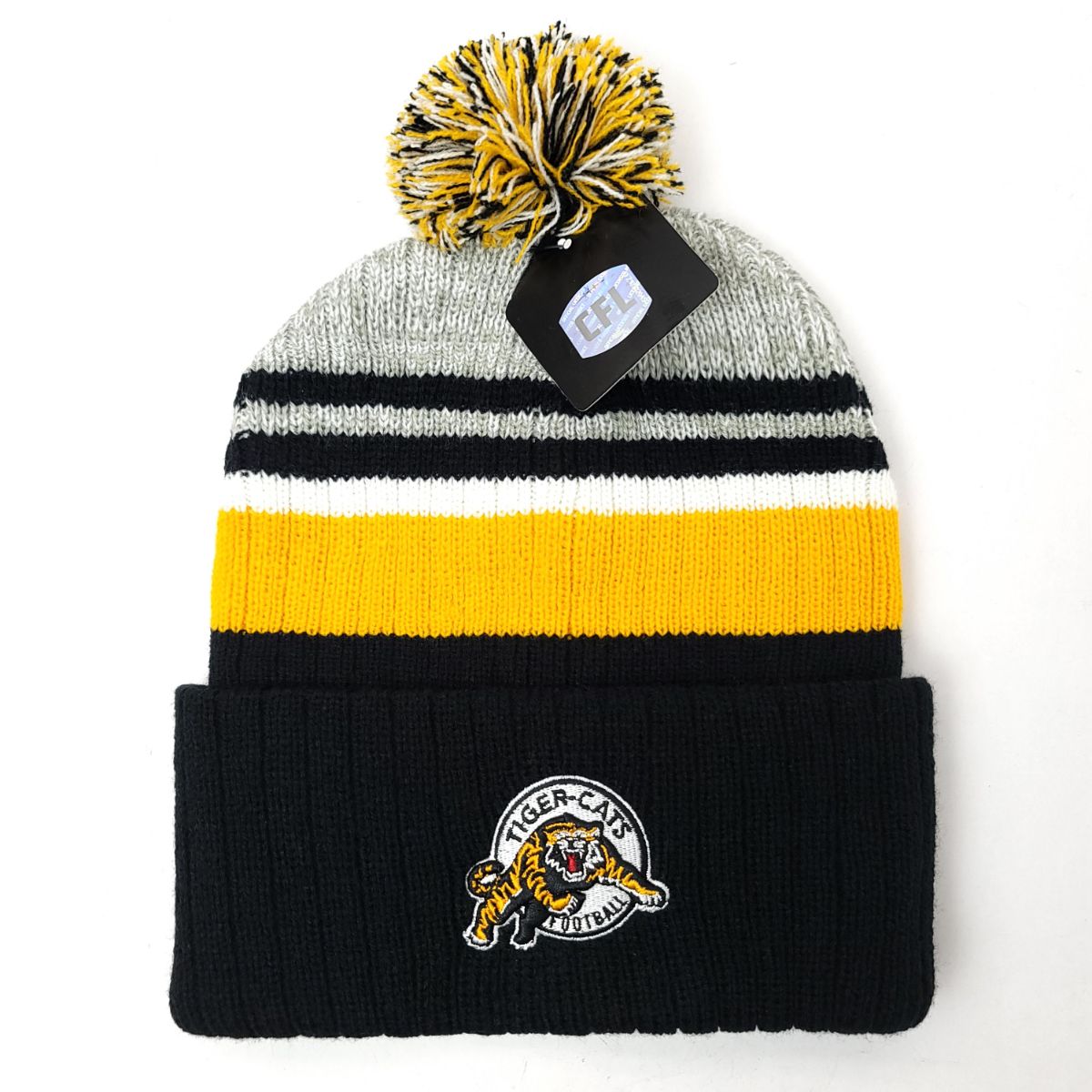 Hamilton Tiger-Cats Pom Knit Toque - STCFTHTPWOS, Black with Gold & Grey Stripes