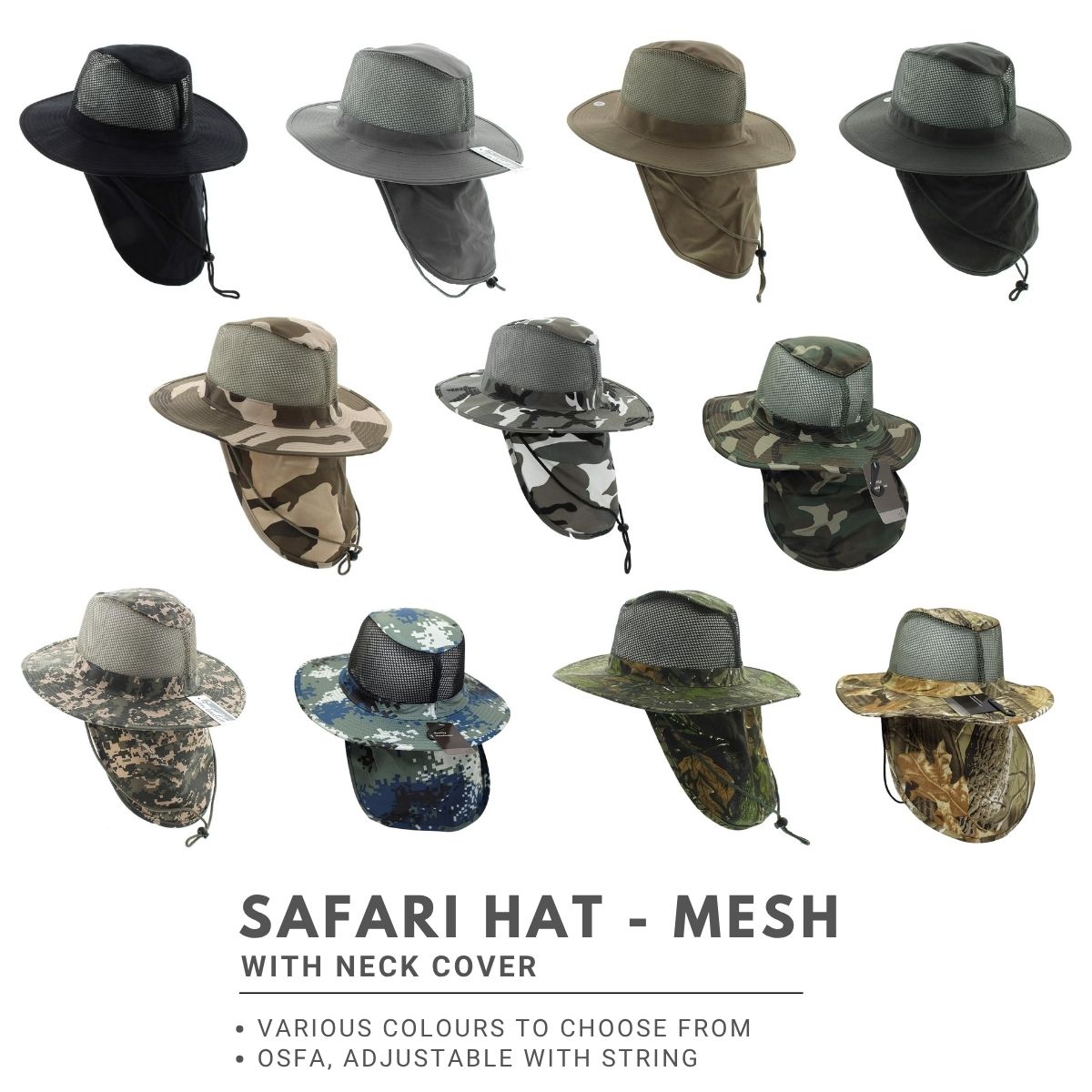 Safari Hat with Neck Cover, Mesh, Various Colours & Sizes