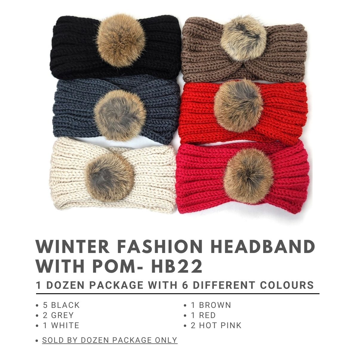 Winter Fashion Headband with Pom- HB22, Dozen Package