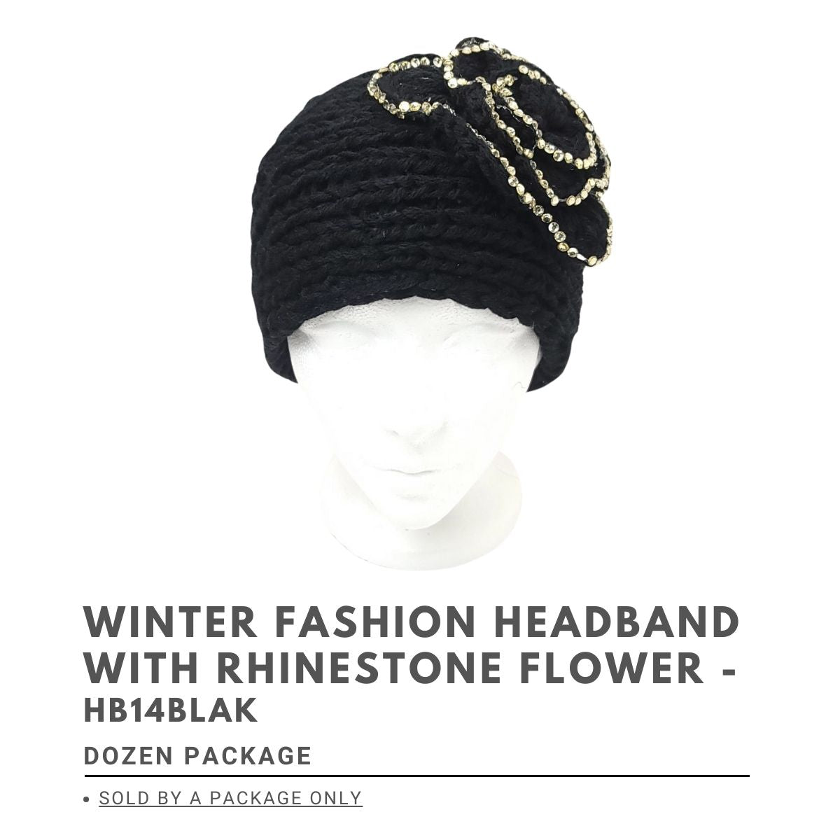 Winter Fashion Headband with Rhinestone Flower, - HB14BLA, Dozen Package