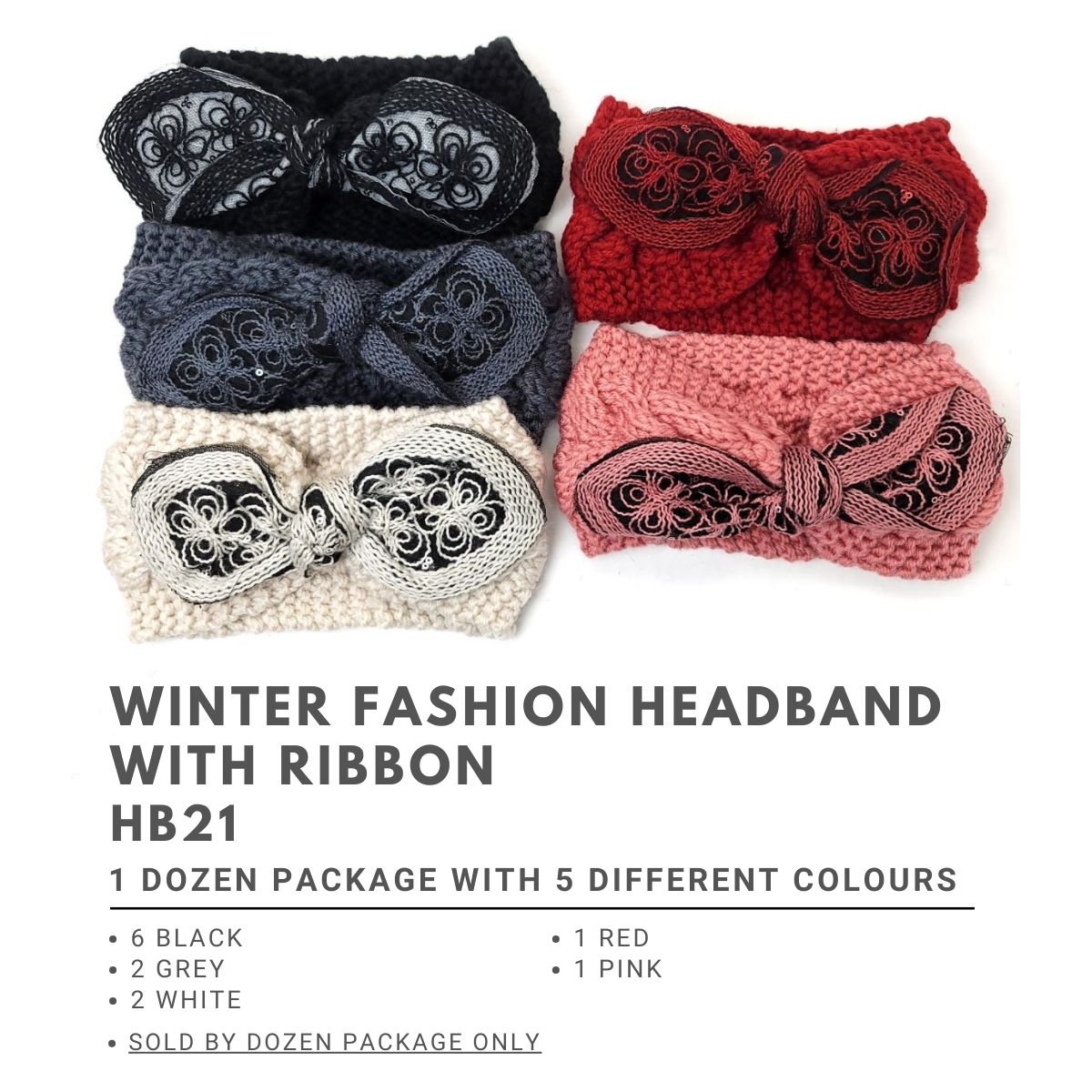 Winter Fashion Headband with Ribbon - HB21, Dozen Package