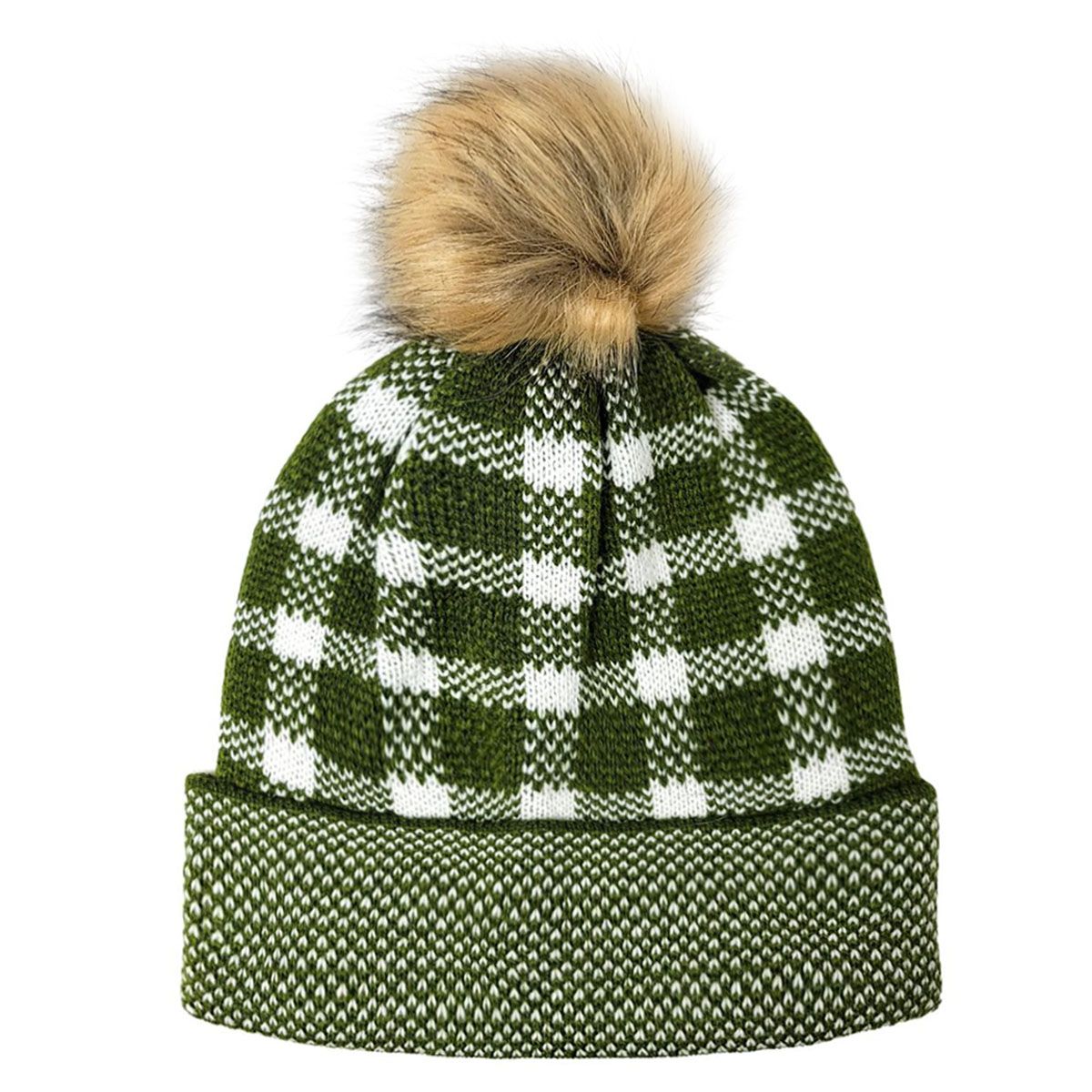 Fashion Pom Knit Toque - Olive & Black Plaid Pattern
