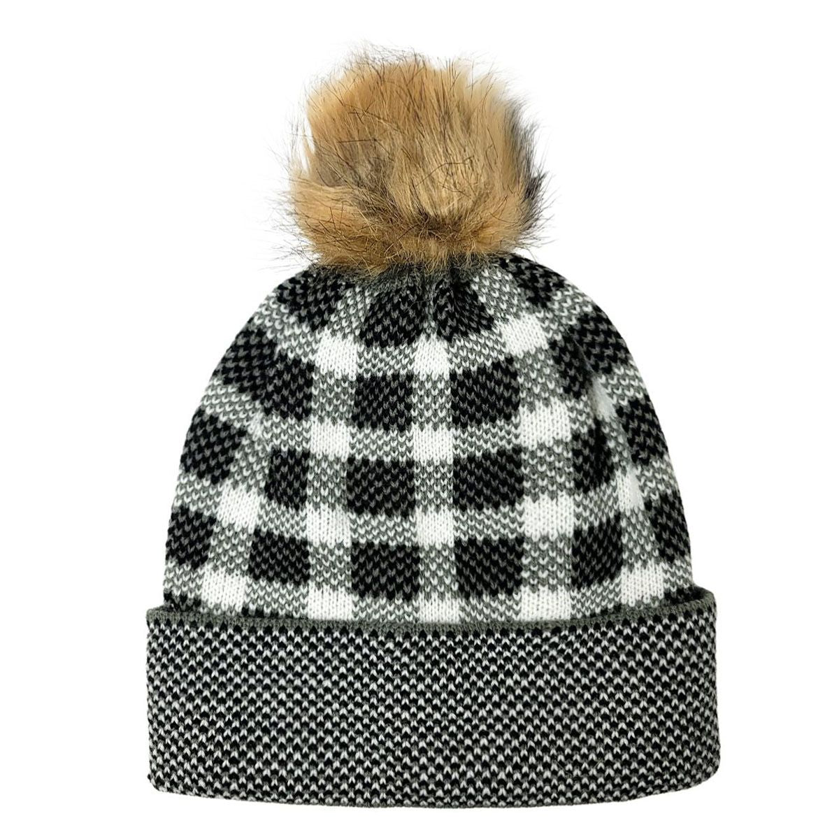 Fashion Pom Knit Toque - Olive & Black Plaid Pattern