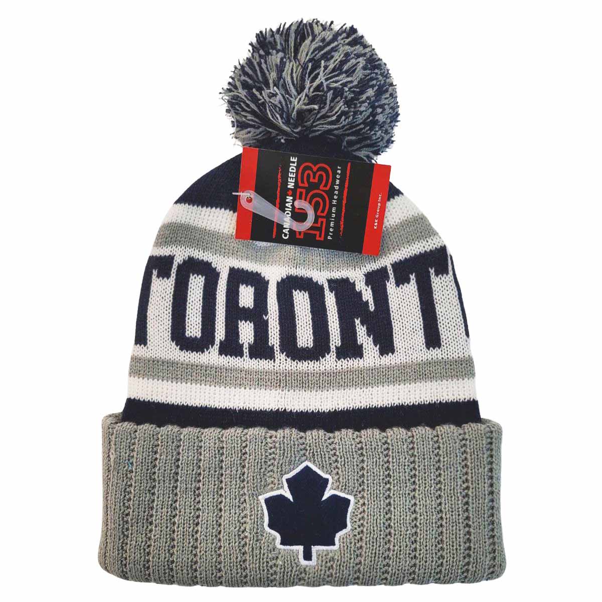 TORONTO Pom Knit Toque - Grey with Navy Jacquard Toronto, Navy Leaf Felt Patch on Cuff, KW1902GYNV