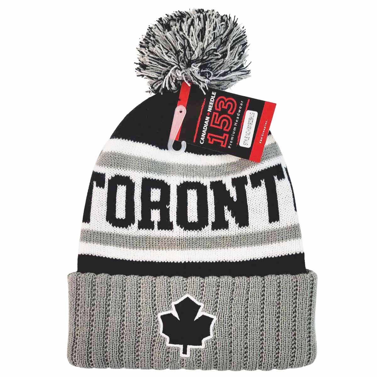 TORONTO Pom Knit Toque - Grey with Black Jacquard Toronto, Black Leaf Felt Patch on Cuff, KW1902GYBK