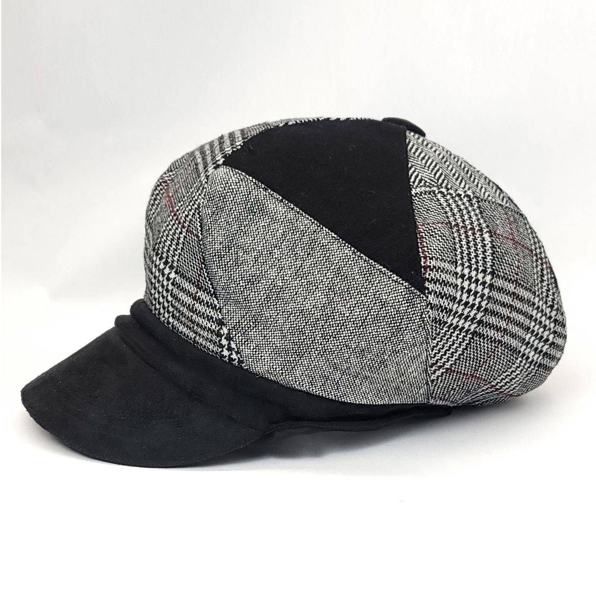 Newsboy Hat - Patched, Grey with Black Suede Visor