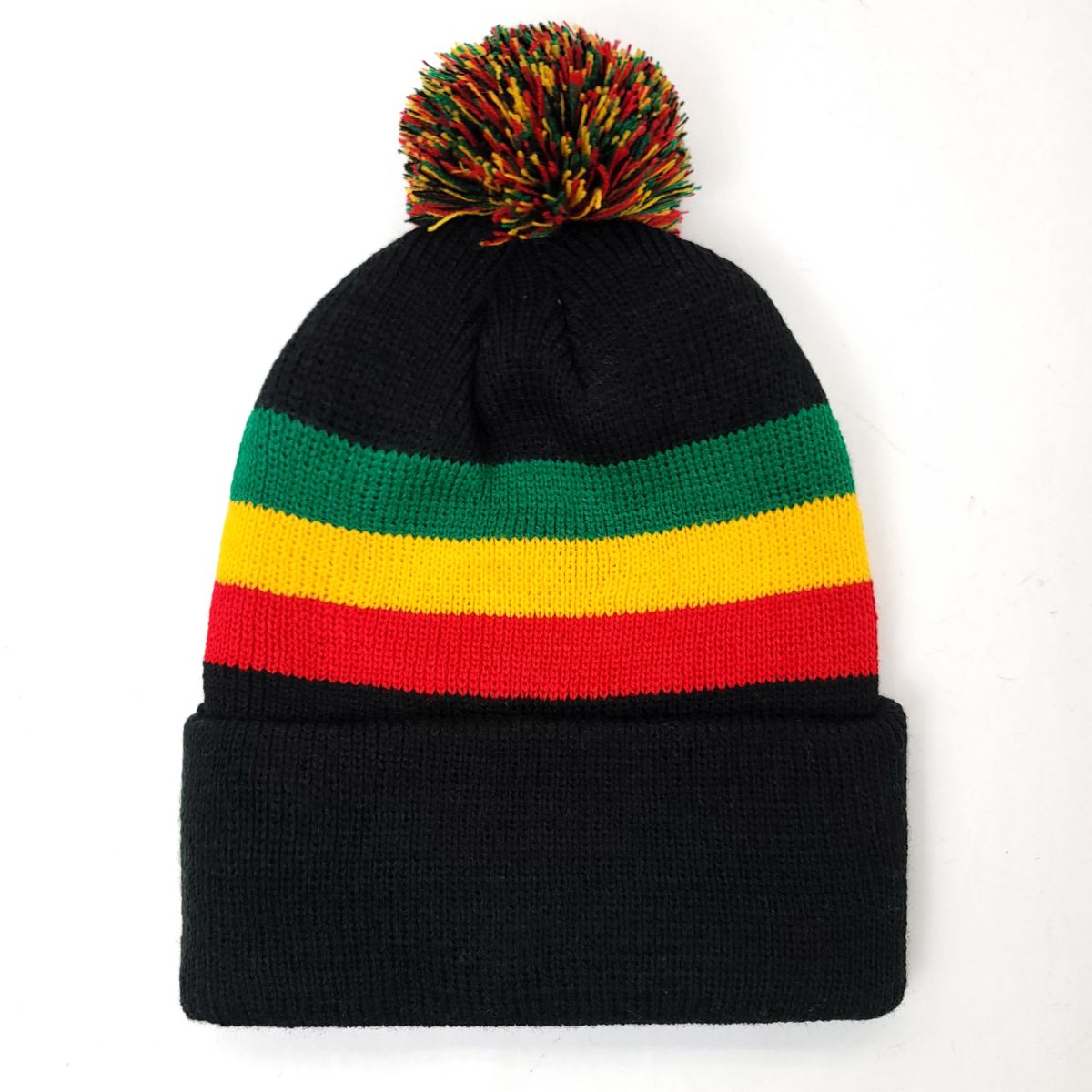 Plain Pom Toques, Black with RASTA Stripes, B0032