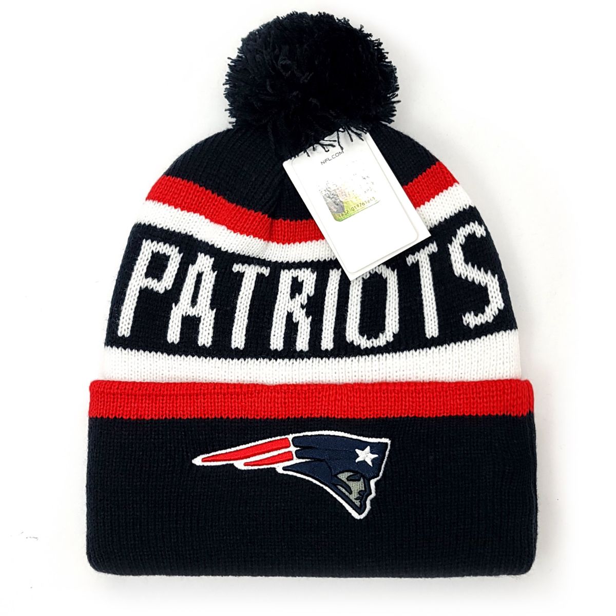 New England Patriots Pom Knit Toque - Whitaker, Navy with Patriots Wordmark