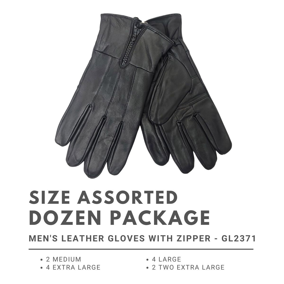 Men's Leather Gloves with Zipper - GL2371, Genuine Leather, 4 Sizes