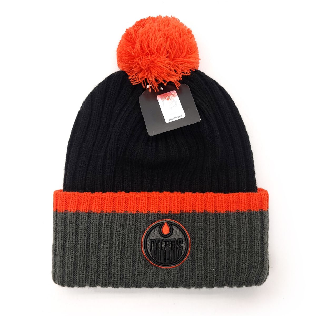 Edmonton Oilers Pom Knit Toque - SD(Black Shadow), Black & Orange Stripe