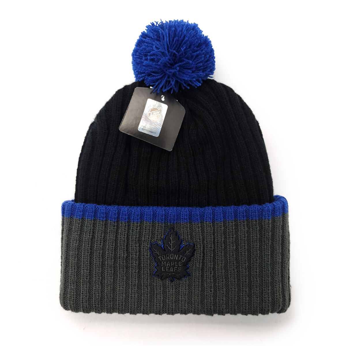 Toronto Maple Leafs Pom Knit Toque - SD(Black Shadow), Black & Royal Stripe