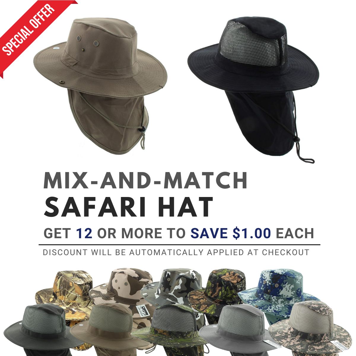 Safari Hat with Neck Cover, Mesh, Various Colours & Sizes