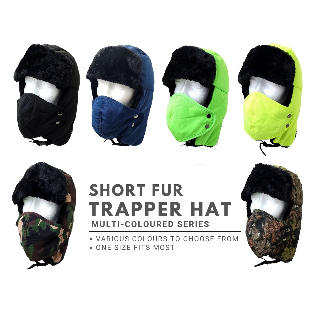 Trapper Hat- Short Fur with Detachable Mask - Multi-Coloured