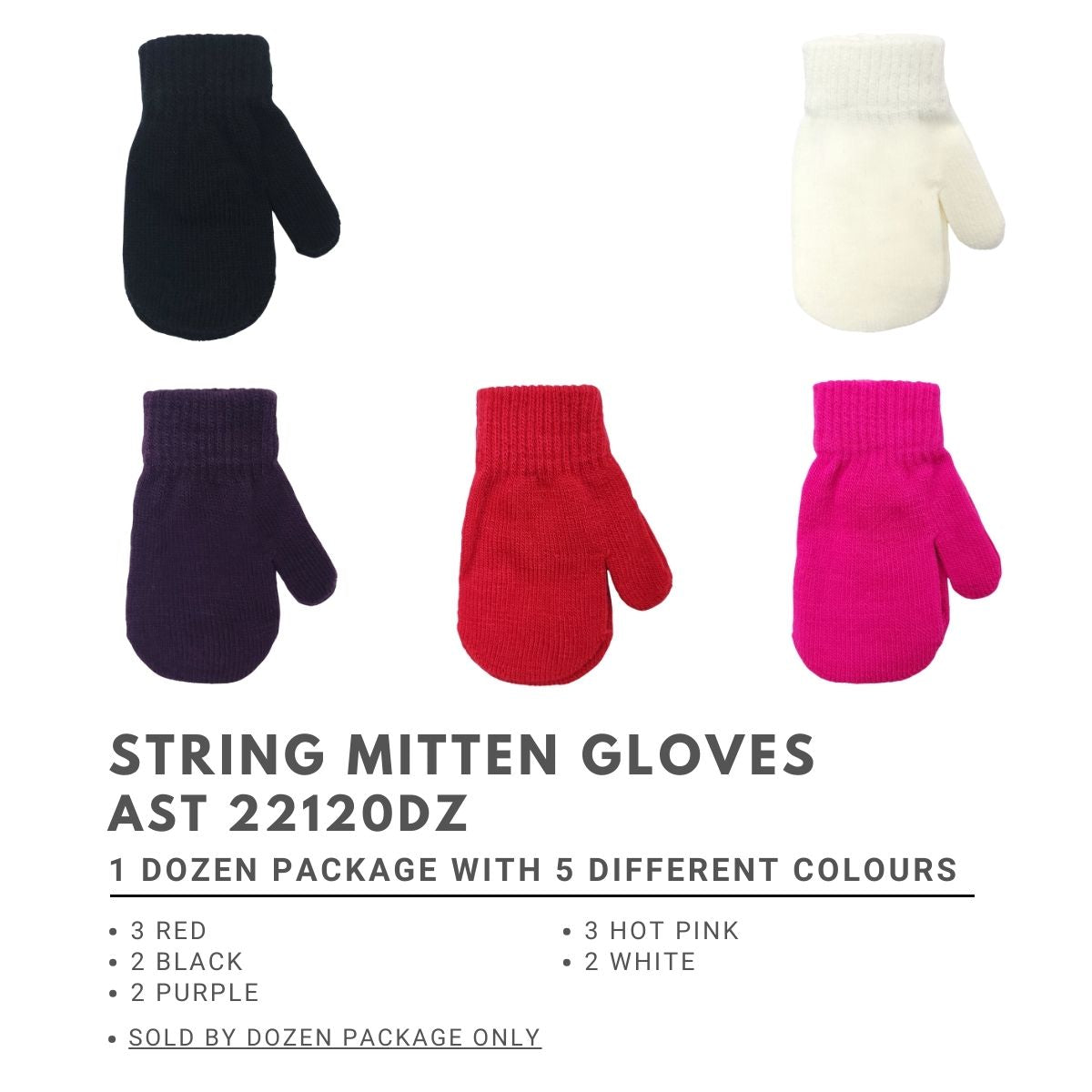 Toddler String Mitten Gloves - 20118AST, Assorted Colour Dozen Package