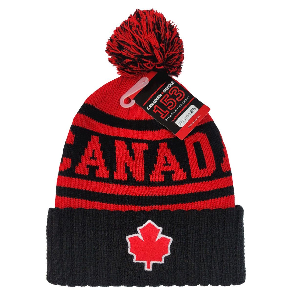 CANADA Pom Knit Toque - Black with Red Jacquard Canada, Red Leaf Felt Patch, KW1904BKRD