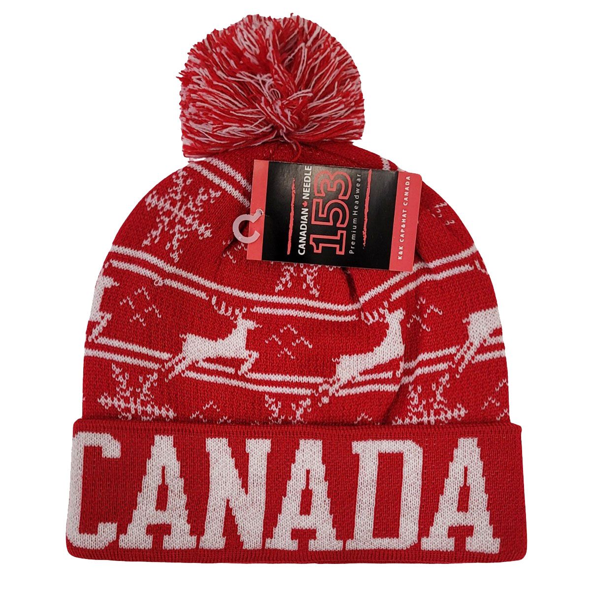 CANADA Pom Knit Toque - Red with White Wordmark & Reindeer Pattern, SK570PRD