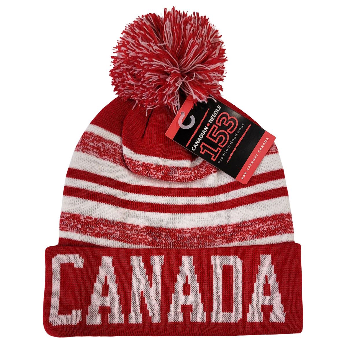 CANADA Pom Knit Toque - Red with white Wordmark & Stripes, SK520PRD