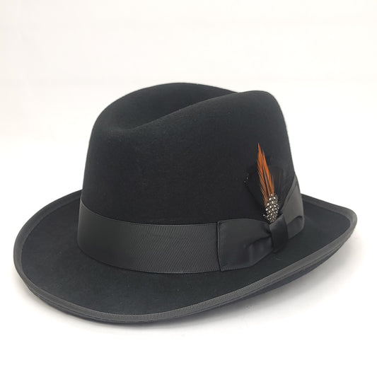 Godfather Homburg Hat- 100% Wool Felt with Feather, Black, Small to XLarge