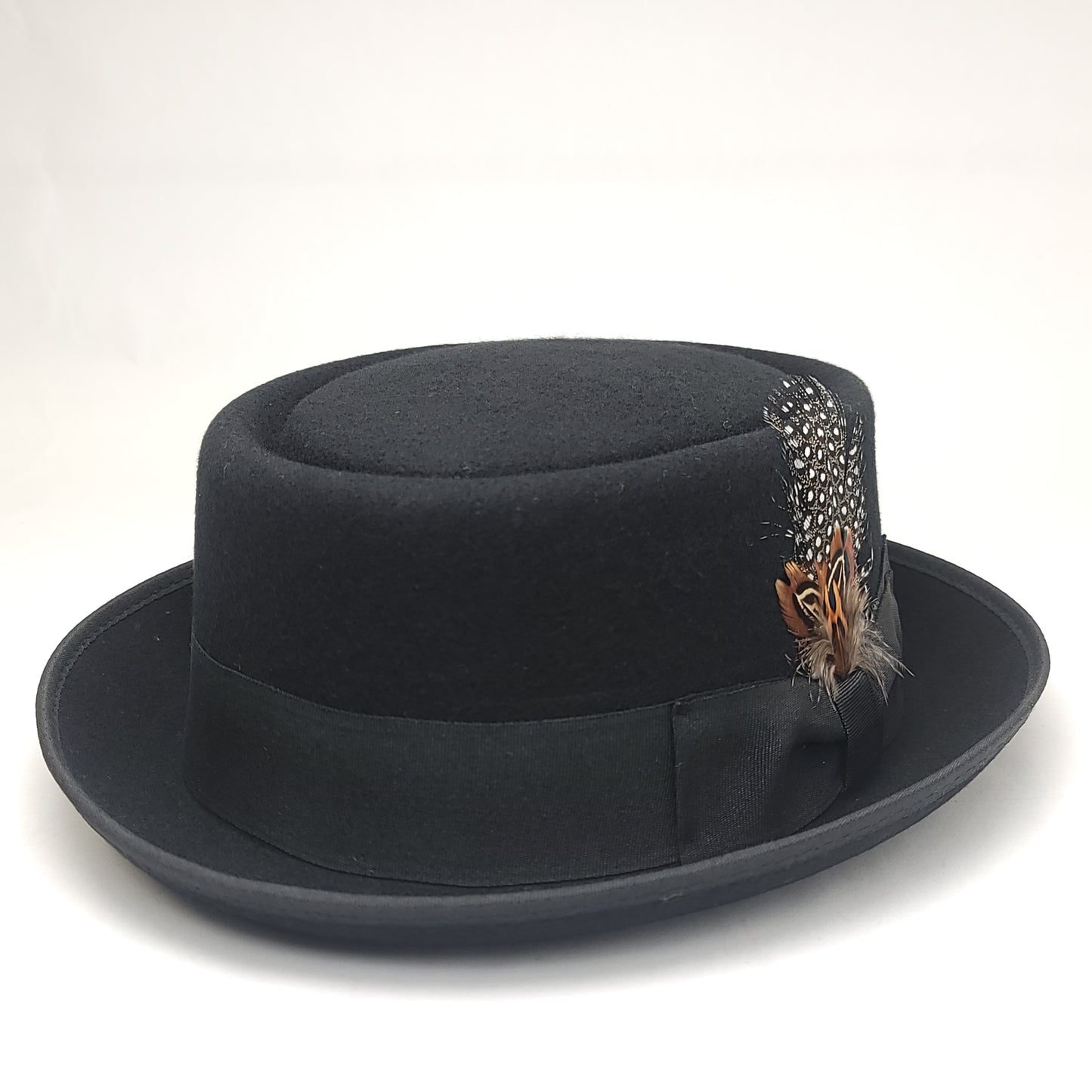 Pork Pie HAT- 100% Wool Felt with Feather, Black, Small to XLarge