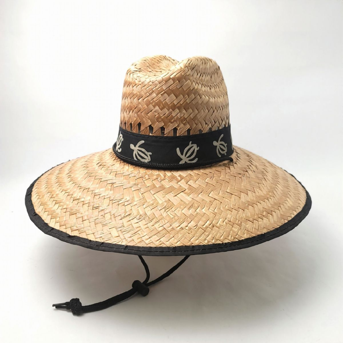 Mexican Wide Brim Straw Hat, Black Band - Turtle, Natural Colour