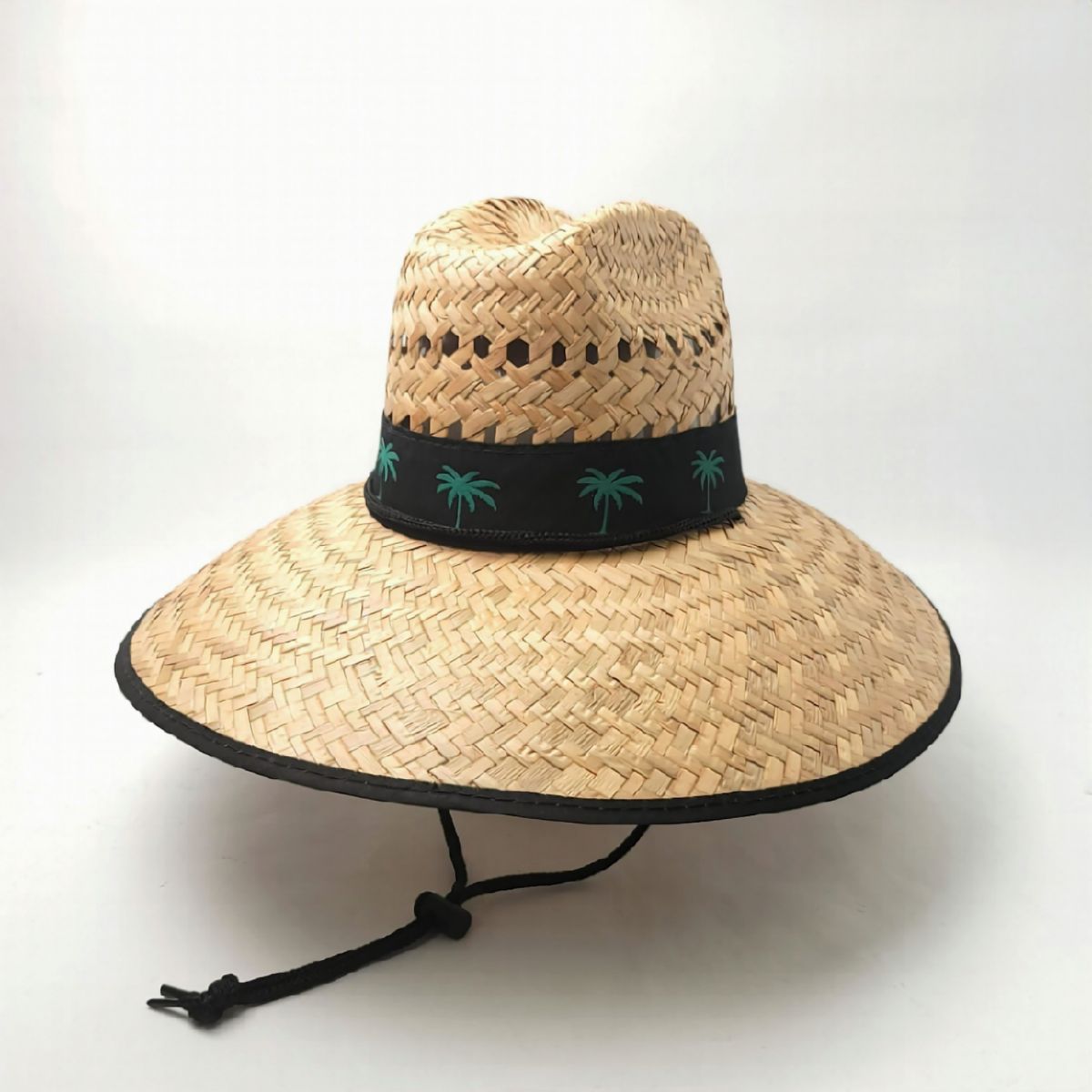 Mexican Wide Brim Straw Hat, Black Band - Palm Tree, Natural Colour