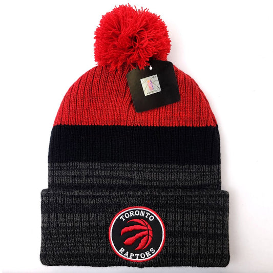 Toronto Raptors Pom Knit Toque - FZ, Charcoal with Red & Black Stripe