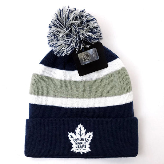 Toronto Maple Leafs Pom Knit Toque - BA, Navy with Black & Grey Stripes