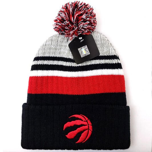 Toronto Raptors Pom Knit Toque - PW, Black with Red & Grey Stripes, with Alt. Logo