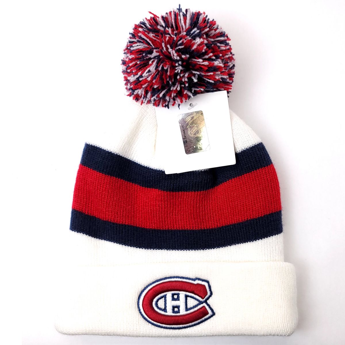 Montreal Canadiens Pom Knit Toque - BA, White with Red Stripes