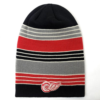 Detroit Red Wings Knit Slouchy Beanie - No Cuff, Black with Red & Grey Stripes