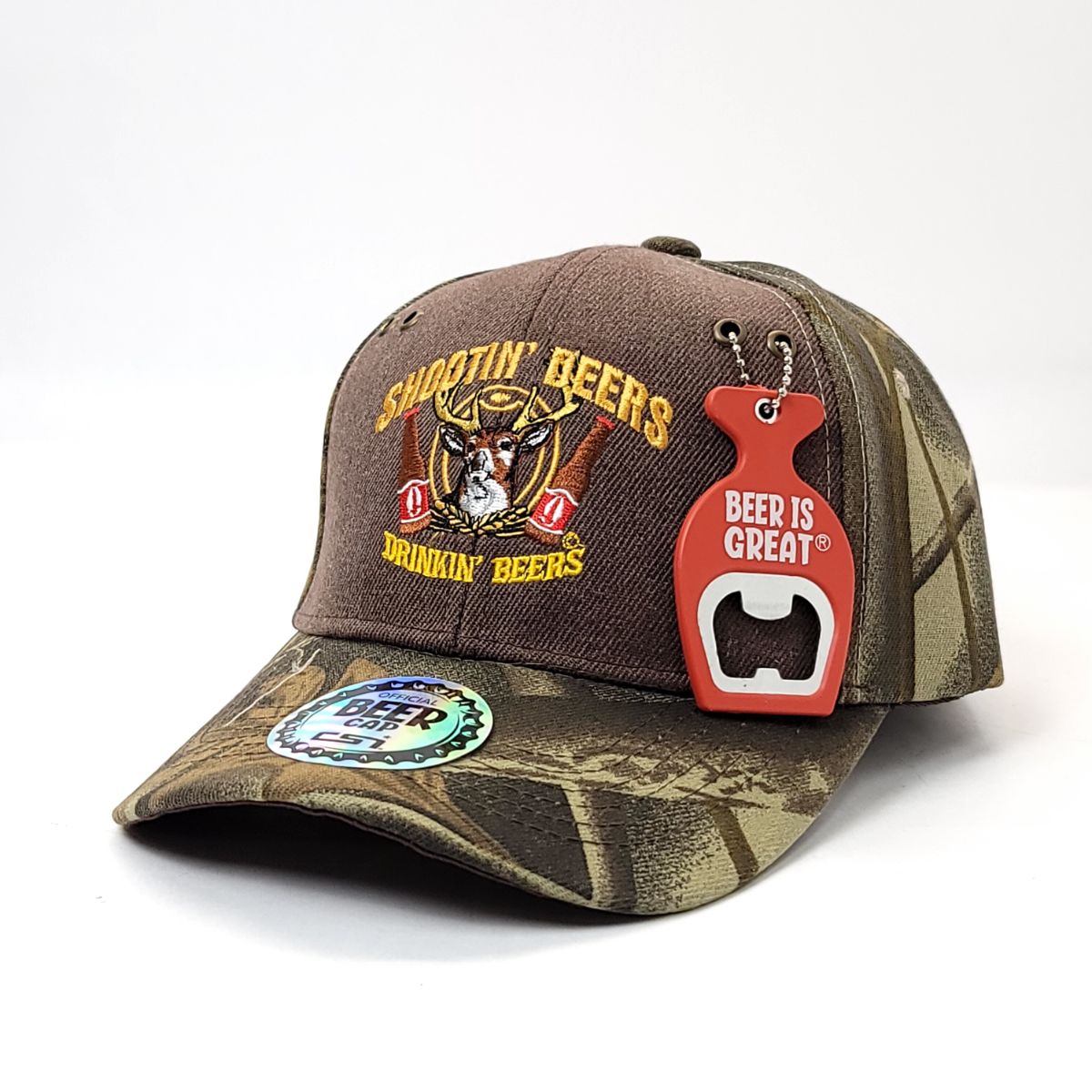 Pop-A-Top Beer is Great Bottle Opener Cap: Shootin' Deers, Velcro, Hunting Camo 2 Tone