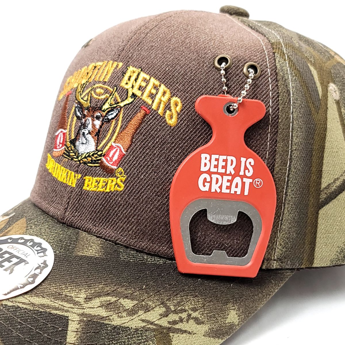 Pop-A-Top Beer is Great Bottle Opener Cap: Shootin' Deers, Velcro, Hunting Camo 2 Tone