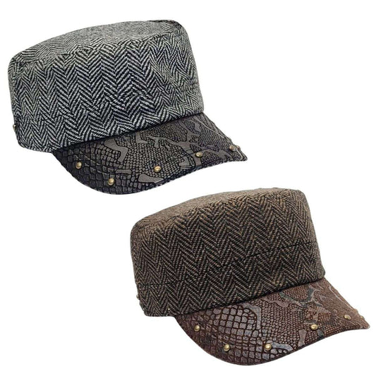 Cadet Cap - Herringbone, PU Leather Visor, BS3889, Black & Brown