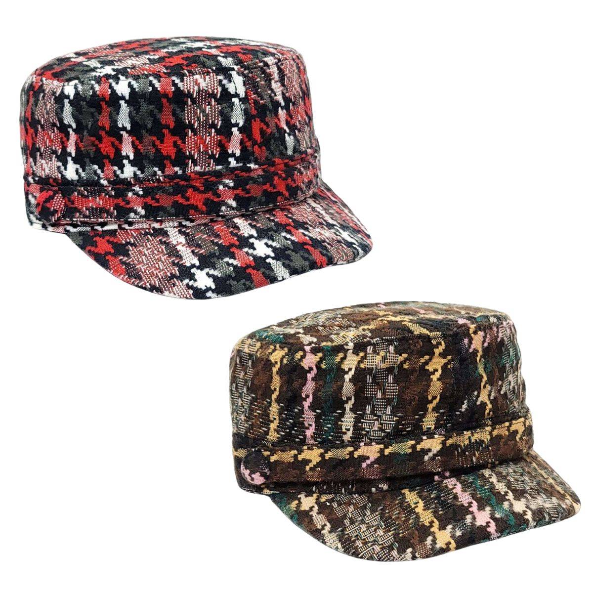 Cadet Cap - Knitted Houndstooth, XO43, Red & Brown Mix