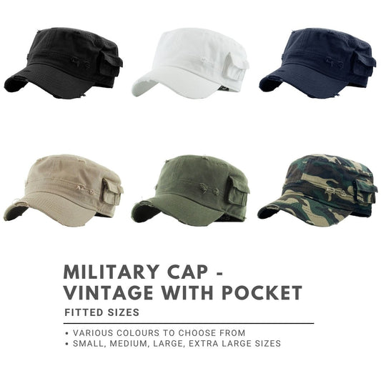 Military Cap - Vintage with Pocket, Multi-Coloured, Fitted