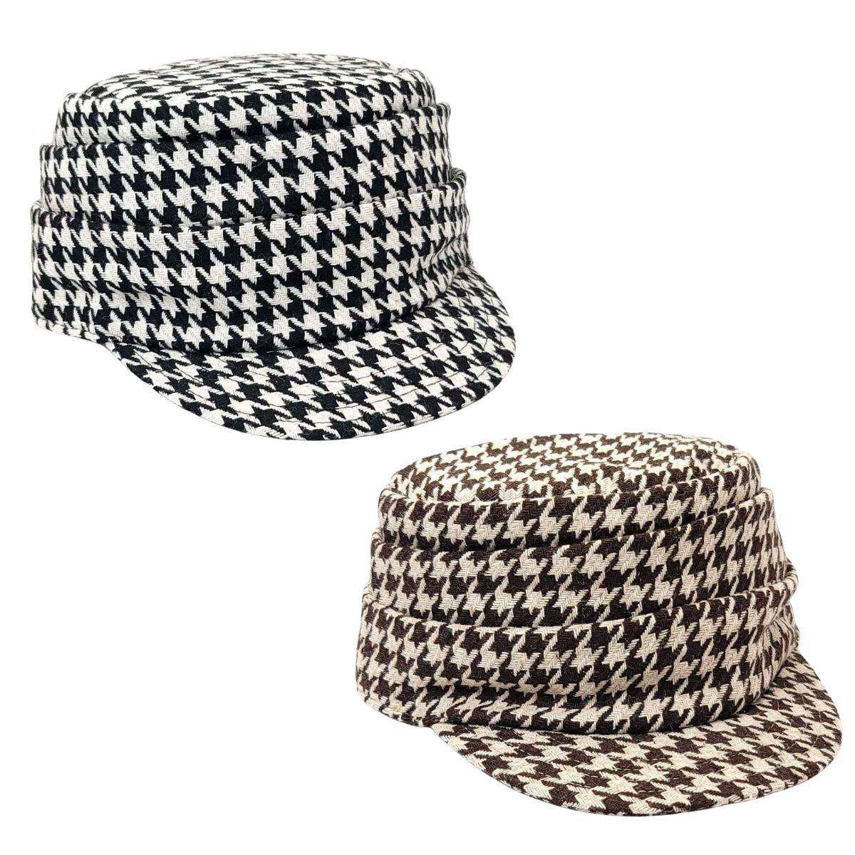 Cadet Cap - Houndstooth with Folds, 8284, Black & Brown