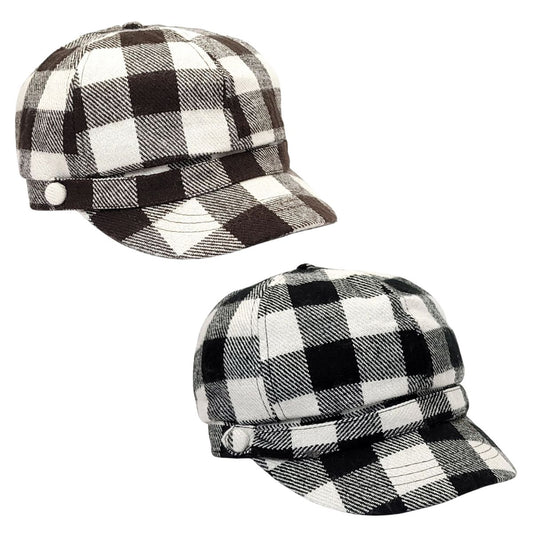 Newsboy Hat - Plaid Pattern, Brown & Black