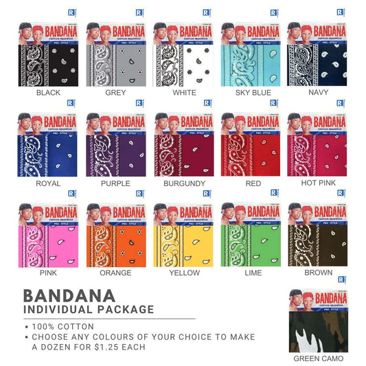 Bandana - Individual Package, Various Colours, One Size [$1.50/pc] [$15.00/dz]