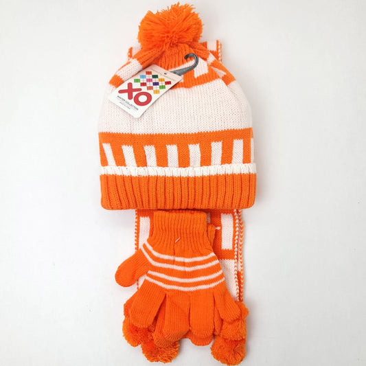 Toddler - XO 3 pieces set, Winter Pom Beanie, Mittens and scarf, Orange