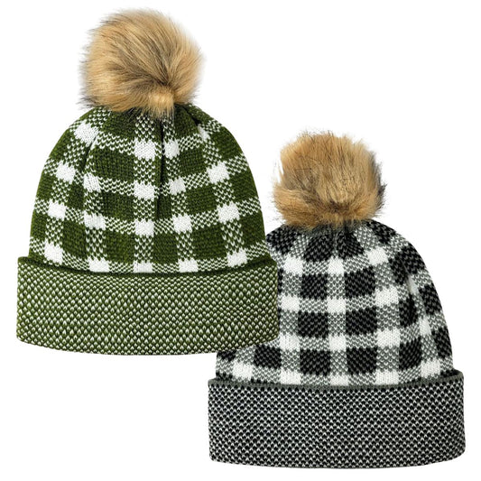 Fashion Pom Knit Toque - Olive & Black Plaid Pattern