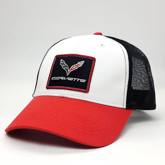 Auto Cap - Corvette, White & Red 2 Tone with Mesh Back, Adjustable