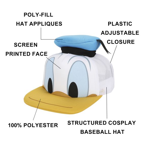 Disney - Classic Characters Donald Duck Die Cut Bill and Hatt Applique Nylon and Mesh Trucker Hat Snapback, XLDSC