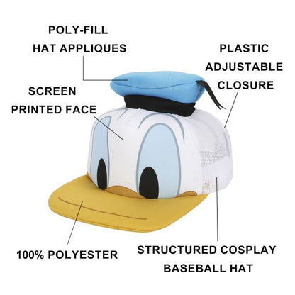 Disney - Classic Characters Donald Duck Die Cut Bill and Hatt Applique Nylon and Mesh Trucker Hat Snapback, XLDSC