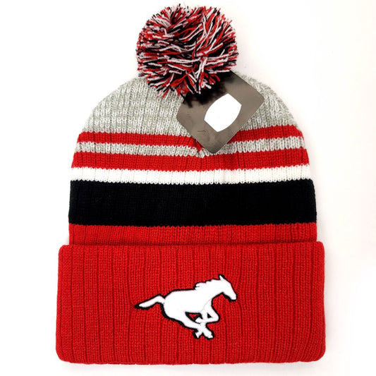Calgary Stampeders Pom Knit Toque -Red with Red & Black Stripes, STCFTCSPWOS