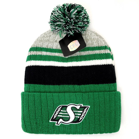 Saskatchewan Roughriders Pom Knit Toque - Green with Green & Black Stripes, STCFTSRPWOS